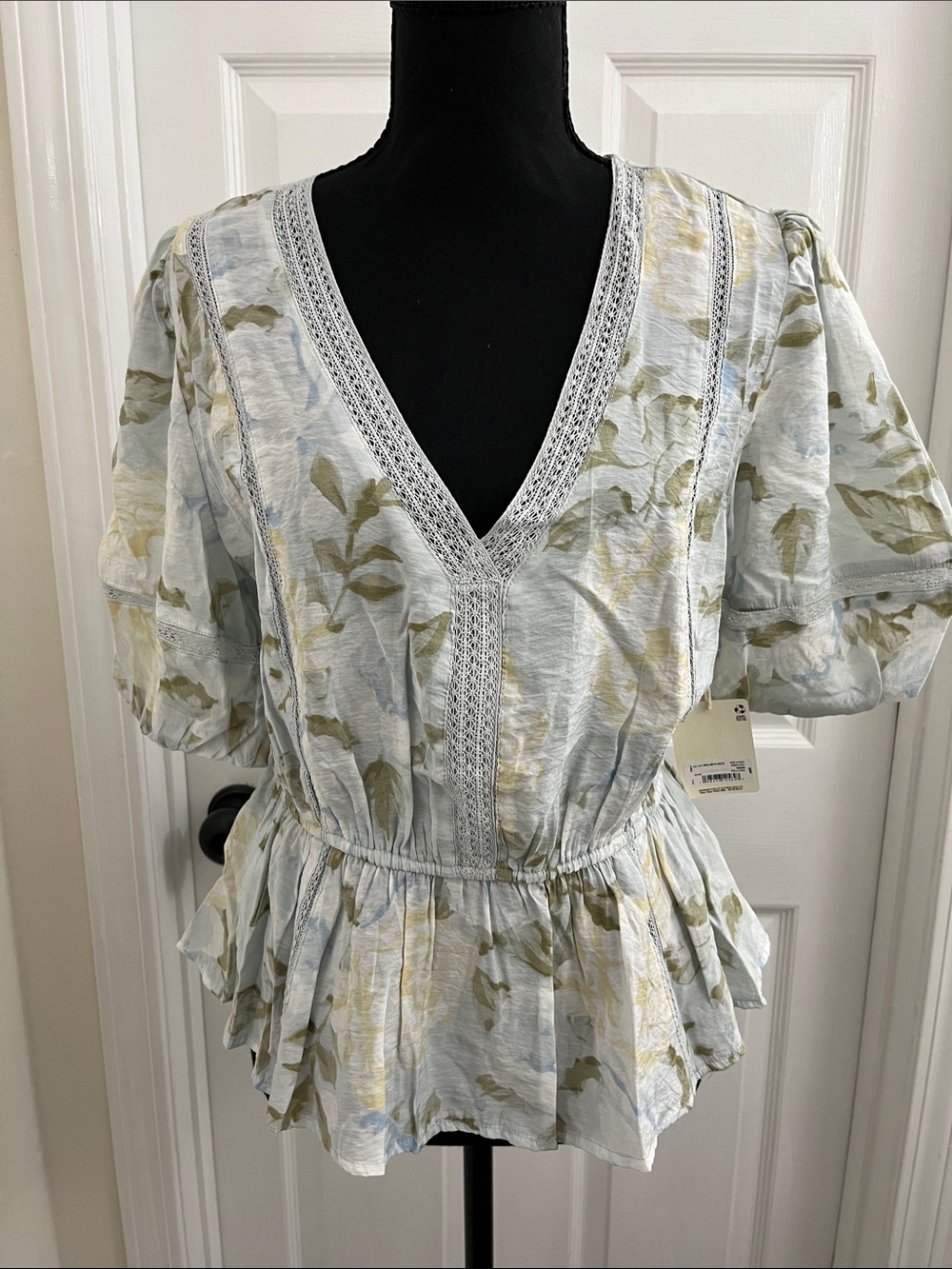 a.n.a Light Blue & Olive Floral V-Neck Peplum Top